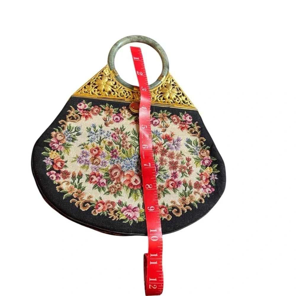Vintage Asian petit point needlepoint evening bag Jade Wrist Bracelet Handle